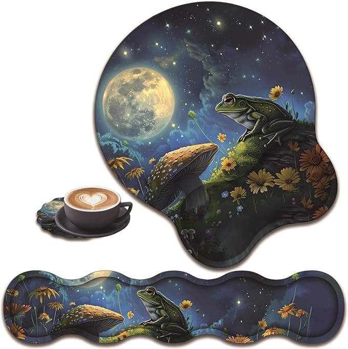 3 in 1 Keyboard Wrist Rest + Mouse Pad and Coaster Ergonomic Gel Mouse Pad and Keyboard Pad Set Comfortable Lightweight for Easy Typing Pain Relie Frog Mushroom
