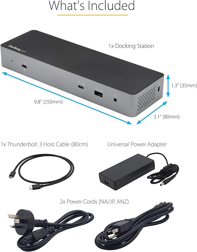 StarTech.com USB C Docking Station for MacBook Pro/Air-M1/M2/M3/M4 Dual 4K 60Hz/Single 8K Thunderbolt Compatible HDMI/DisplayPort 10Gbps USB Type-C Laptop Dock 96W Power Delivery (TB3CDK2DH)
