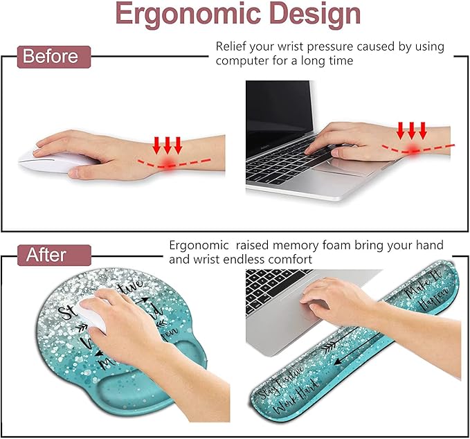 Mouse Pad with Wrist Support Ergonomic Gel Memory Foam Keyboard Wrist Rest for Office Typing Games Desktop Decoration Stay Positive Work Hard and Blue Glitter Graphic Office Accessories