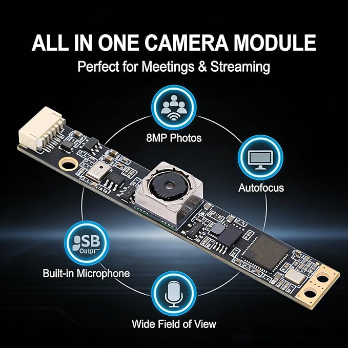 8MP Camera Module USB Computer Board with Autofocus and Fixed Focus Digital Microphone 75° Field of View - High Resolution 3264x2448 USB 2.0 Output Compatible with Multiple