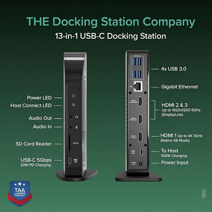 Plugable USB-C Triple Monitor Docking Station: 13-in-1 Laptop Dock with 100W Charging for Mac (DisplayLink Driver Required) Windows Chrome 3 HDMI Gigabit Ethernet SD USB-C 20W 4 USB - UD-ULTCDL