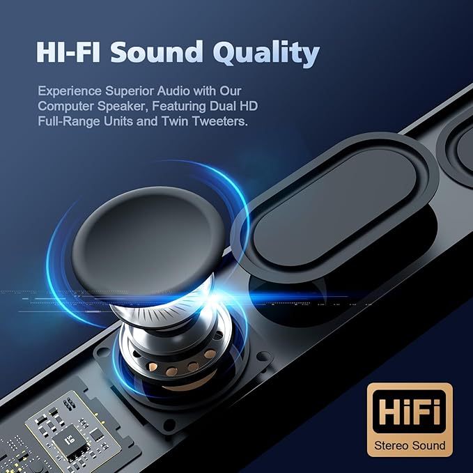 Computer Speakers for Desktop PC 20W HiFi Stereo PC Soundbar with Bluetooth 5.3 &amp 3.5mm AUX Slim Computer Sound Bar for PC Desktop Laptop &amp Monitor