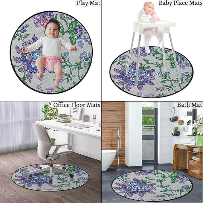 Multicolor Round Area Rug Machine Washable Non Slip Indoor Sofa Floor Area Mat Carpet for Living Room Sofa Bedroom Nursery Decor Vintage Style Ornamental Flower Motifs Diameter 55 in