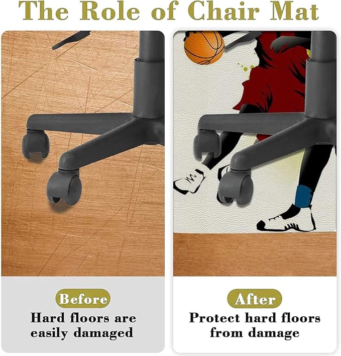 Black Green PU Leather Office Chair Mat for Hardwood Floor Anti-Slip Desk Chair Mat Basketball Player Silhouette Desk Chair Mats Low-Pile Carpet Anti-Slip Floor Protector Rug Diameter 35.4 in