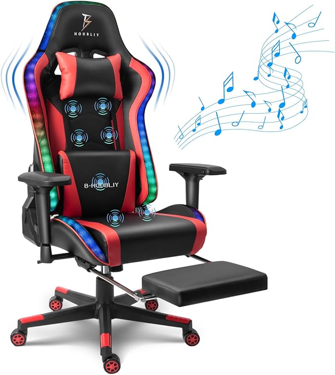 LED RGB Gaming Chair with 7-Point Massage and Speakers Ergonomic Computer Desk Chair Video Gaming Chair with Footrest Adjustable Reclining Gamer Chair High Back PU Leather Office ChairRed