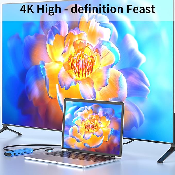 AI USB C Hub 12-in-1 Aluminum Blue Hub with GPT Voice Input 100W HDMI 4K VGA USB 3.0 Card Reader for MacBook HP Dell 0.48x0.15x0.06 Inches
