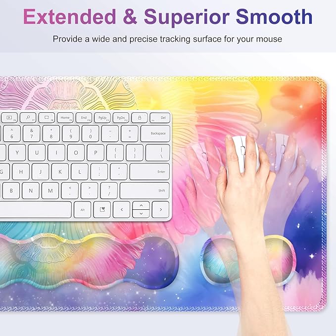 Desk Mat Gaming Mouse Pad Cute Desk Matt Keyboard Wrist Rest for Desktop Anti-Slip Big Mousepad Stitched Edges XXL Large Mouse Pad with Wrist Support for Home Office Computer I Dreamy Colors
