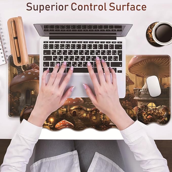 Large Gaming Table Pad 31.5 x 11.8 + Keyboard Wrist Pad + Mouse Wrist Pad + Coaster Non-Slip Base 4-in-1 Set Ergonomic Memory Foam Easy Typing Pain Relief Enchanting Mushroom Houses