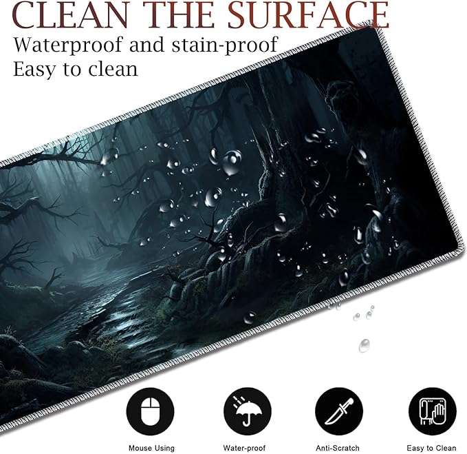 Large Gaming Table Pad 31.5 x 11.8 + Keyboard Wrist Pad + Mouse Wrist Pad + Coaster Non-Slip Base 4-in-1 Set Ergonomic Memory Foam Easy Typing Pain Relief Strange Mysterious Dark Forest