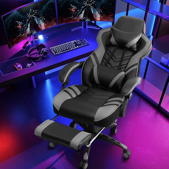Goplus Gaming Chair Computer Chair with Footrest and Lumbar Support Height Adjustable Executive Swivel Rolling Task Chair with 90°-155° Tilt Function (Grey)
