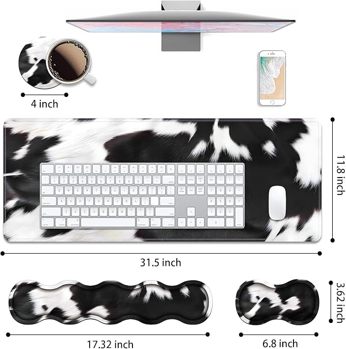 4 in 1 Ergonomic Keyboard Wrist Rest &amp Mouse Pad Wrist Rest Set Large XXL Gaming Desk Mat 31.5x 11.8 with Non-Slip Base Memory Foam for Home Office Study Gaming Black and White Cow Print