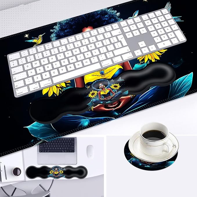 Large Mouse Pad and Keyboard Wrist Rest Desk Pad for Keyboard and Mouse 4-in-1 Large Gaming Mouse Pad with Wrist Support Desk Mat for Home Office Study GameGirl Sunflowers Hummingbirds
