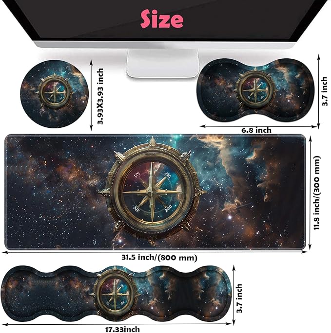 Large XXL Gaming Desk Mat 31.5x 11.8 Ergonomic Keyboard Wrist Rest &amp Mouse Pad Wrist Rest + Coaster Set Non-Slip Base Memory Foam Office and Home Space Compass