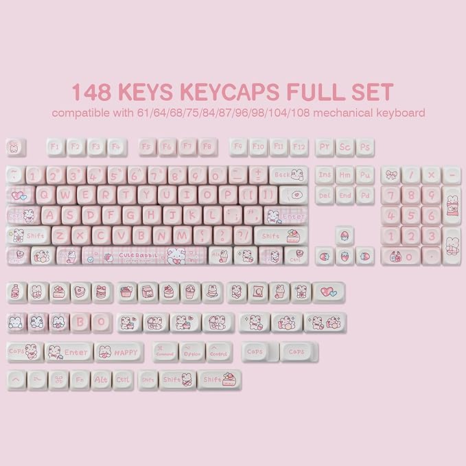 PBT 148 Keys Cute Keycaps Dye-Sublimation Bunny Keycaps Set MOA Profile for Cherry Gateron MX Keys Mechanical Keyboards