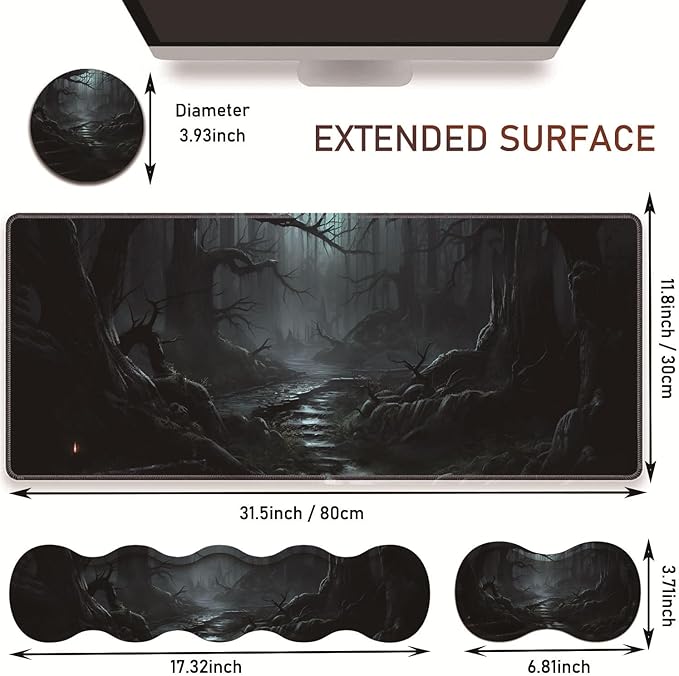 Large Gaming Table Pad 31.5 x 11.8 + Keyboard Wrist Pad + Mouse Wrist Pad + Coaster Non-Slip Base 4-in-1 Set Ergonomic Memory Foam Easy Typing Pain Relief Strange Mysterious Dark Forest