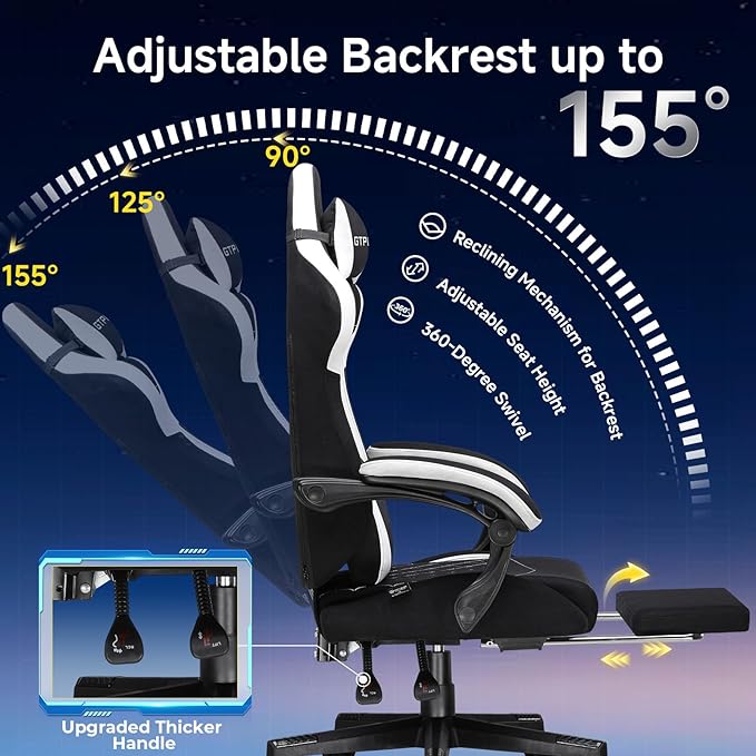 GTPLAYER Gaming Chair Video Game Chairs with Footrest and Lumbar Support Computer Chair for Adults with Extended Backrest Ergonomic Reclining Silla Gamer Fabric Black