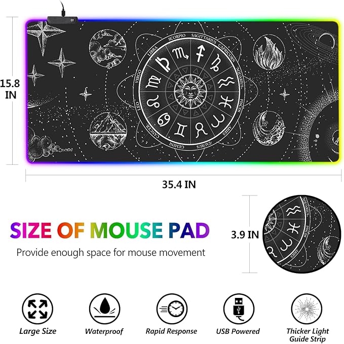 AIMSA RGB LED Gaming Mouse Pad 14 Modes Glow Pad Extra Large Gaming Mousepad 35.4 x 15.8 inch Extended Big Waterproof Keyboard Mouse Pad Mat Black Cosmic Constellation Magic