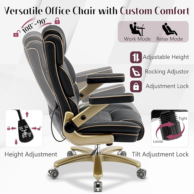 Big and Tall Office Chair 500lbs Heavy Duty Leather Chair with 5D Armrests Comfortable Seat High Back Executive Office Chair with Adjustable Lumbar Large Computer Chair for Home Office Black