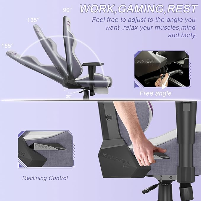 KORNOX Ergonomic Gaming Chair Fabric for AdultsOffice Chair High BackGame Chair Cloth Height Adjustable for TeensGame Chair Racing with Headrest and Lumbar Support for GirlWhite and Purple