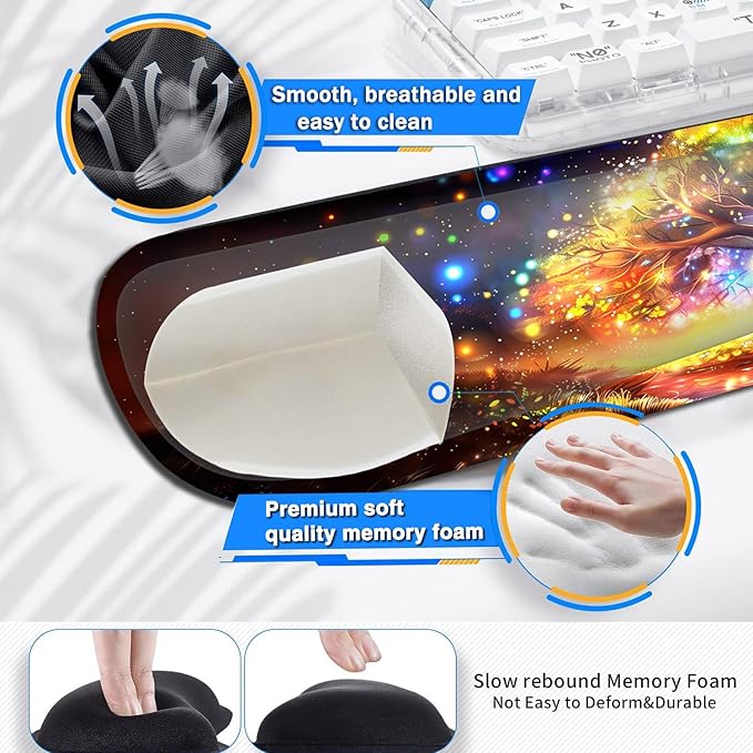 Large Gaming Mouse Pad+ Keyboard Wrist Rest Set Ergonomics Memory Foam Mouse Mat Wrist Rest Support for Home Office Waterproof Extended Mousepad 31.5x11.8in Colorful Tree of Life Desk Pad