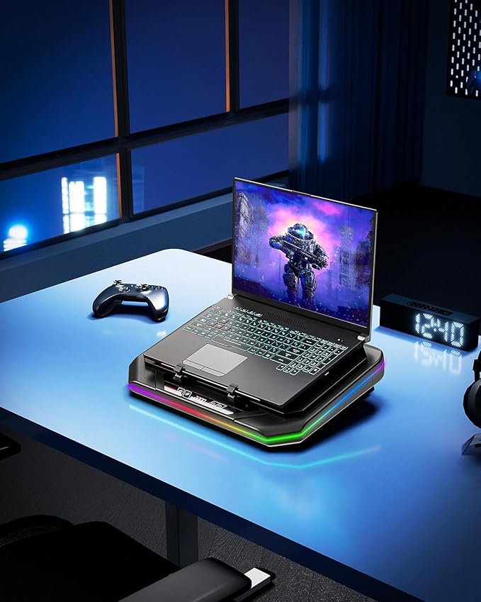 MOUNT PRO Gaming Laptop Cooling Pad RGB Laptop Cooler Stand with Powerful Turbofan (3500 RPM) Height Adjustable Laptop Fan Cooling Pad for 13-19 Inches Notebook with Sealed Foam Touch Control