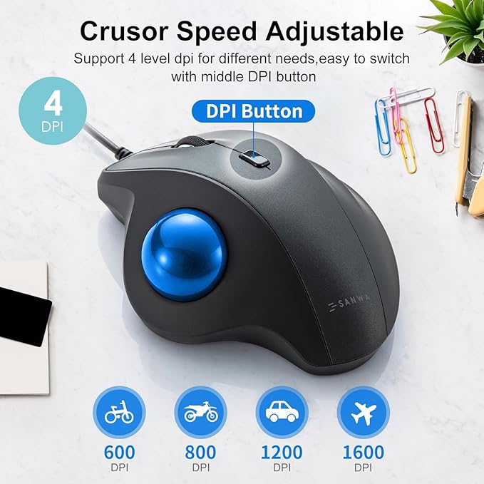 SANWA Wired Ergonomic Trackball Mouse Optical Vertical Rollerball Mice Silent Buttons 34mm Trackball 600/800/1200/1600 DPI Compatible with MacBook Laptop Computer Windows macOS Blue