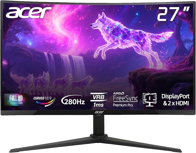 acer Nitro 27 FHD Gaming Office Monitor 1500R Curved 280Hz Tilt/Swivel/Height Adjustable AMD FreeSync 1ms (VRB) VESA Mountable ZeroFrame Design DisplayPort &amp 2 x HDMI - Black