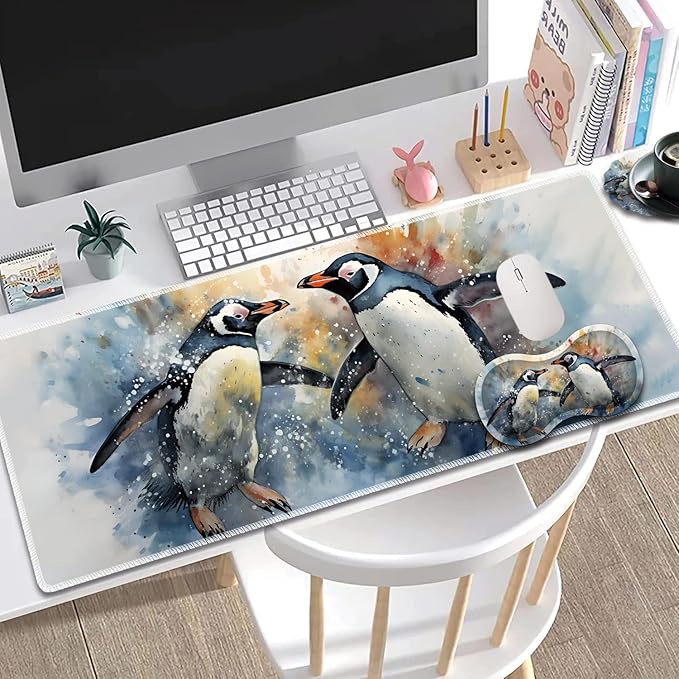 Large Gaming Mouse Pad + Mouse Wrist Rest Pad + Coaster Combination 31.5 x 11.8 Durable Non-Slip Extension Table Mat Suitable for Office and Home Watercolour Penguins