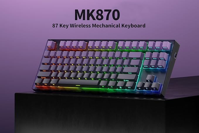 MK870 Wireless Mechanical Gaming Keyboard80% Purple Custom Creamy Sound Keyboard with Shine Through PBT KeycapsPre-lubed Linear SwitchesHot-SwappableRGB Backlit2.4GHz/USB-C/BT5.0