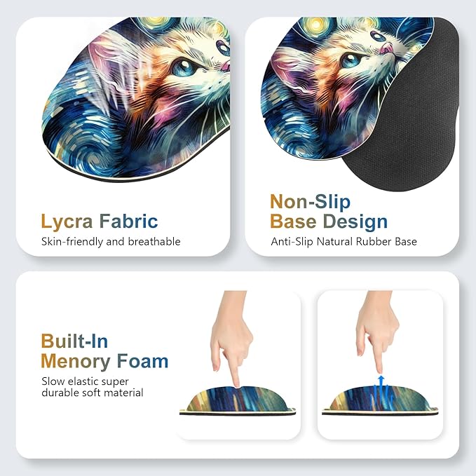 Large Gaming Mouse Pad Set 4 in 1 Ergonomics Keyboard Desk Mat Memory Foam Wrist Rest Computer PC Extended Game Mousepad Non-Slip Desk Matt Easy Typing Pain Relief I Starry Night Art Cat