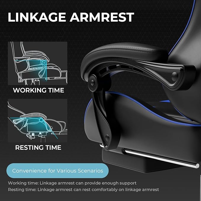 GTPLAYER Gaming Chair Computer Chair with Footrest and Lumbar Support Height Adjustable Game Chair with 360°-Swivel Seat and Headrest and for Office or Gaming (Faux Leather Blue)