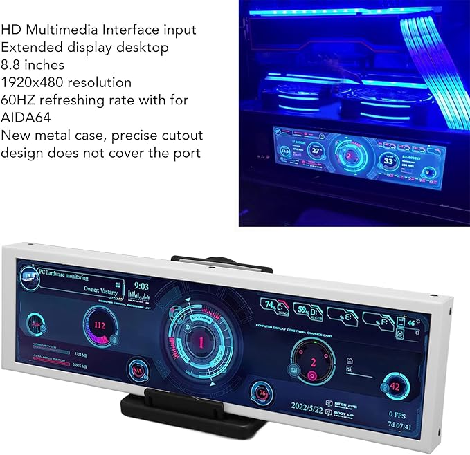 Dpofirs 8.8in Computer Temp Monitor PC Sensor Panel Display with DIY Theme 1920x480 CPU GPU Temperature Data Display Support for LinuxWindows