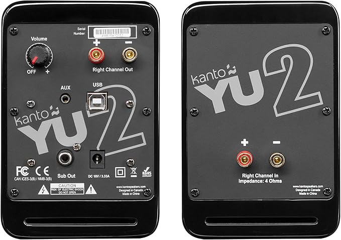 Kanto YU2GB PC Gaming Desktop Speakers | 3 Composite Drivers | 3/4 Silk Dome Tweeter | Class D Amplifier | 100 Watts | Built-in USB DAC | Subwoofer Output | Pair | Gloss Black