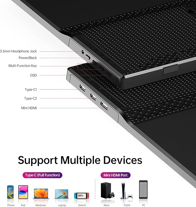 Yxk Portable Monitor 15.6 Inch 1080P USB-C HDMI Ultra-Slim Travel Monitor with Kickstand for Laptop PC Mac Phone PS Xbox Swich IPS Ultra-Thin Zero Frame Gaming