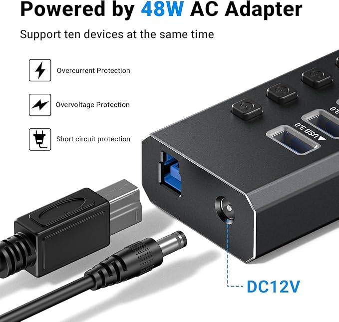 Powered USB 3.0 Hub Aluminum 10 Port USB 3.0 Data Hub with 12V/4A (48W) Power Adapter and Individual On/Off Switches &amp LEDUSB Extension for MacBook Mac Pro/Mini and More