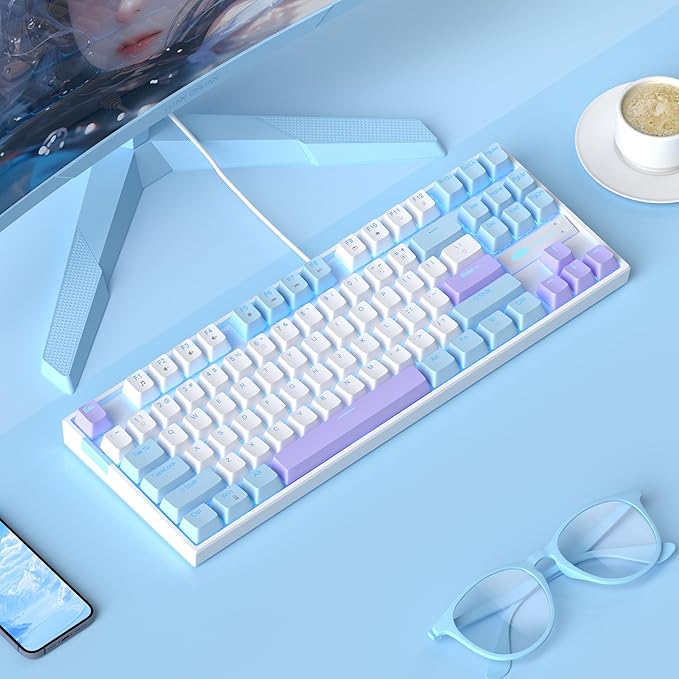 MageGee 75% Mechanical Gaming Keyboard Red Switch LED Blue Backlit 87 Keys Compact TKL Wired Keyboards for Windows Laptop PC Gamer - White/Blue