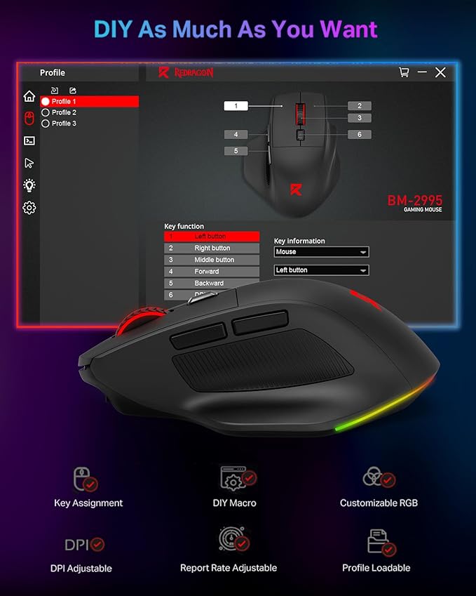 Redragon Large Wireless Gaming Mouse for Big Hands Tri-Modes 2.4G/Bluetooth/Wired Rechargeable Ergo RGB Mouse with 2 Side Buttons 6 Backlit Modes Programmable Macro Gamer Mouse