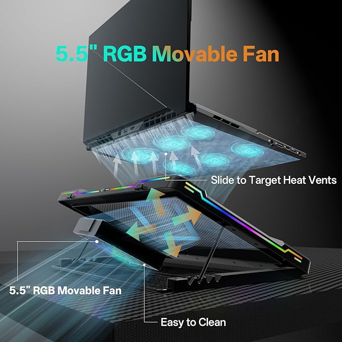 DEPGI Movable RGB Laptop Cooler with 5.5 Sliding Fan Ergonomic Cooling Stand with 8 Light Modes for 14-17.3 Inch Gaming Laptops
