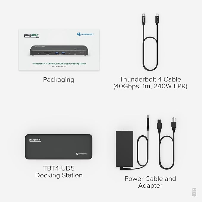 Plugable Thunderbolt 4 Dock with 100W Charging Thunderbolt Certified Laptop Docking Station Dual Monitor Single 8K or Dual 4K HDMI for Windows and Mac 4X USB Gigabit Ethernet (TBT4-UD5)