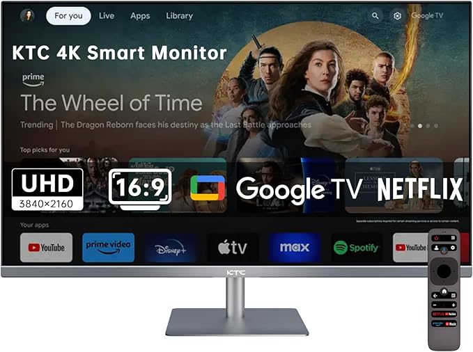 KTC 32 Inch 4K Smart Monitor Google System UHD (3840x 2160) Smart Monitor with Speakers Netflix Licensed Type-C 65W PD WirelessDisplay HDR Bluetooth Hey Google Voice Remot VESA Support A32Q8