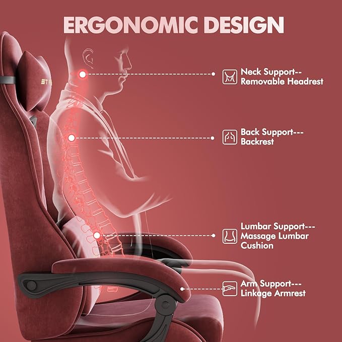 Soontrans Velvet Fabric Gaming Chair for Adult Ergonomic Comfortable Video Gamer Chair with Footrest Reclining Office Computer Desk Game Chairs with Massage Lumbar CushionHeadrest