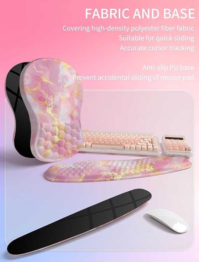 Hokafenle 2in1 Combination Wave Keyboard Wrist Rest and Ergonomic Curvature Mouse Pad Wrist Support for Relieve Wrist Pain Filled with Soft Cushion Memory Foam Golden Pink Marble
