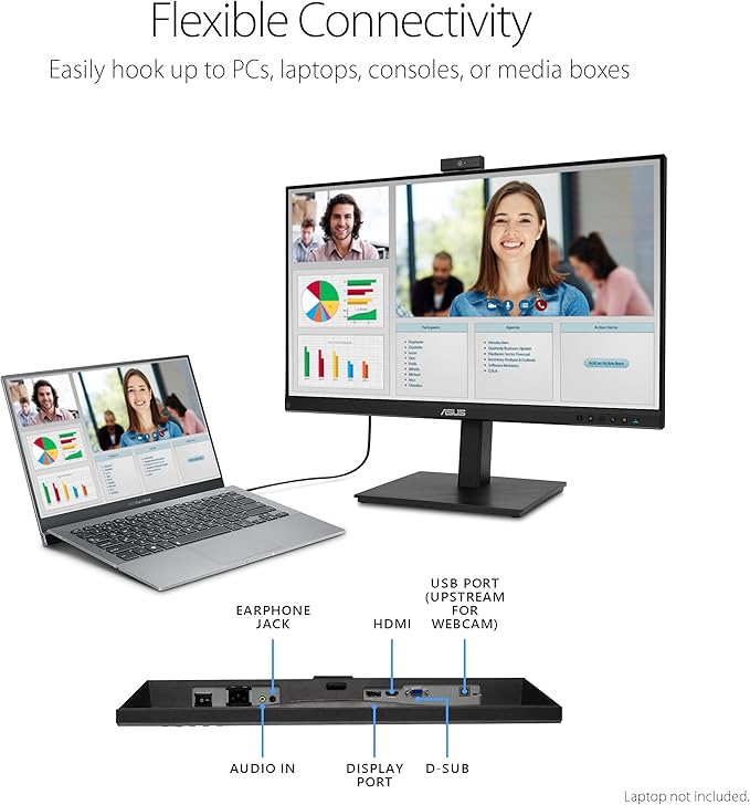 ASUS 27” 1080P Video Conference Monitor (BE279QSK) - Full HD IPS Built-in Adjustable 2MP Webcam Mic Array Speakers Eye Care Wall Mountable Frameless HDMI DisplayPort VGA Height Adjustable