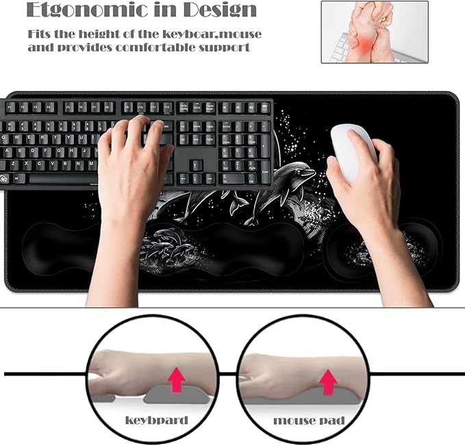 Ergonomic Keyboard Wrist Rest &amp Mouse Pad Wrist Rest SetXL Gaming Desk Mat 31.5x 11.8Non-Slip BaseMemory FoamEasy Typing Pain Relief for Office &amp HomeBlack White Dolphins Art