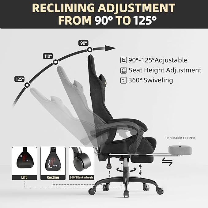 Huracan Velvet Fabric Gaming Chair with Footrest for Adults Ergonomic Gaming Chairs with Massage Lumbar Reclining Racing Computer Chair with Spring Cushion for Home Office Video Game Black