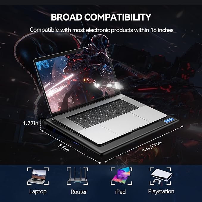 TECKNET Laptop Cooling Pad - 12-15.6 Laptops Cooler Powerful Cooler and Ultra Quiet for Gaming Laptops Pad 2 Wind Speed Adjustable USB A &amp C Powered Cooler Stand with Laptop Fan LED (Blue)