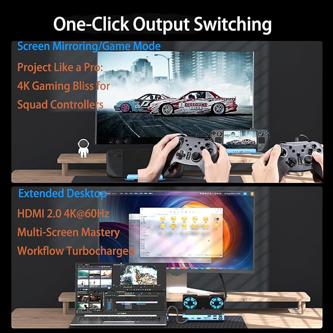 USB C Docking Station Compatible with Switch 2/ Steam Deck OLED/ROG Ally X/Legion Go M.2 NVMe SSD Enclosure Hub with 4K@60Hz HDMI 100W PD Dual Cooling Fans Gigabit Ethernet USB 3.0/SD/TF