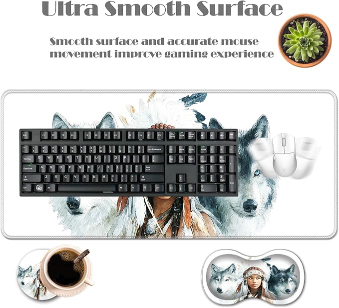 Ergonomic Keyboard Wrist Rest &amp Mouse Pad Wrist Rest SetXL Gaming Desk Mat 31.5x 11.8Non-Slip BaseMemory FoamEasy Typing Pain Relief for Office &amp HomeAmerican Wolf Woman