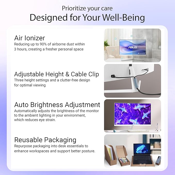 ASUS 24 Inch 1080P Business Monitor Full HD IPS Display 100Hz Refresh Rate 1ms MPRT Eye Care Built-in Nano-ion Generator SmoothMotion Adaptive Sync HDMI x2 Height and Tilt Adjustable White