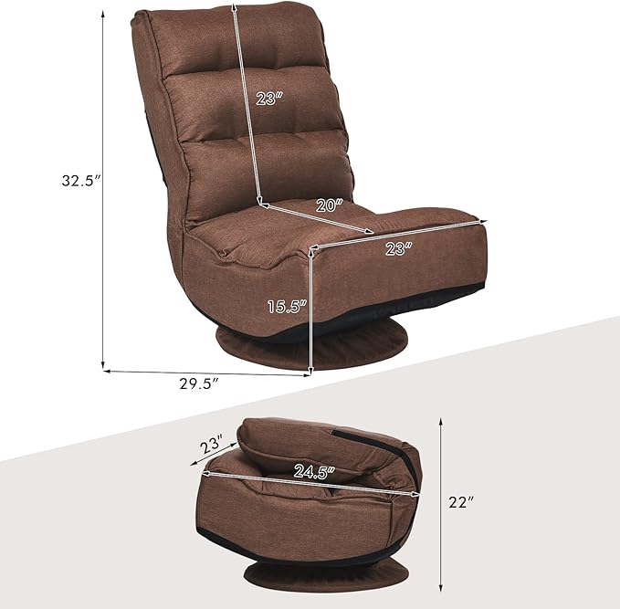 COSTWAY Folding Floor Chair Adjustable 5-Position Video Gaming Chair with 360 Degree Swivel Detachable Cover Padded Backrest Multipurpose Living Room Floor Lounger for TV Reading Playing Coffee